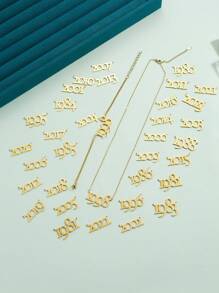 2入組時尚風格年份數字吊墜項鍊手鏈套裝,金色女士生日穿搭 - 金黃色 - 查看 4