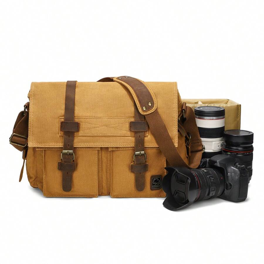 1入組多功能復古帆布相機袋,信差袋,肩背袋,帶可拆卸內部相機袋,適用於dslr相機,旅行 - 黃色 - 查看 1
