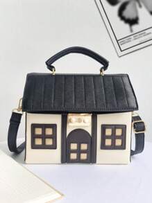 Cute And Funny Pink & White House Shape Shoulder Bag - Black and White - View 2