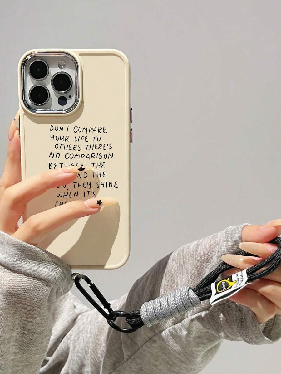 1pc Electroplated Metal Edge Frame Frosted Phone Case With Slogan Pattern And 1pc Nylon Hand Strap Compatible With Iphone - Multicolor - View 1