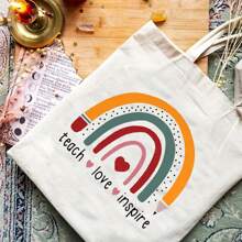 卡通老师字母图案帆布包，便携式单肩包，多功能轻便购物袋，休闲便携式单肩包，轻便购物袋，大容量单肩包，多功能可重复使用购物袋，便携多功能购物袋，实用且功能更强大的工作手提包多功能购物袋，演唱会必备品，音乐情侣礼物，生日礼物，母亲节，父亲节，朋友礼物，老师礼物，家庭礼物，情侣礼物，生日礼物 - 米色 - 查看 4