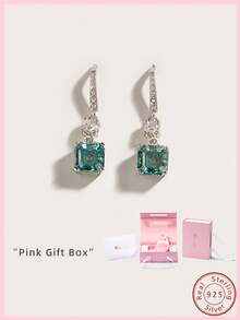 Cici Color 1對新式925純銀正方形1.2克拉綠色祖母綠切割莫桑石吊墜耳環女款時尚派對婚禮日常珠寶禮物鑽石新娘珠寶