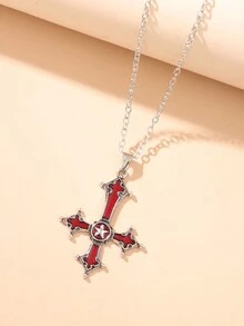 1pc Men's Gothic Style Red Cross Inverted Pendant European And American Punk Chain Necklace - Red - View 2