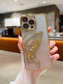1pc High Quality Electroplated Gradient Glitter Beaded Wing Design Shockproof Phone Case With Lens Film, Compatible With IPhone 16 Series, 17/17 Pro/17 Pro Max Waterproof Anti-Fall Scratch Resistant - Champagne - View 1