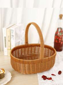 1pc Woven Basket, Faux Rattan Shopping Basket, Egg Basket, Hand Wicker Basket, Portable Basket, Picnic Basket, Fruit Basket For Travel