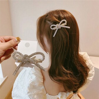 1pc Women's Elegant Bowknot Hair Clip With Rhinestones, Suitable For Daily Use Royal Valentine's Day Valentines Claw Clips Hair Claws Hair Barrettes, School Stuff, College, Winter Outfit For Women, Bows, Cute, Looks Of Party, Hair Accessories