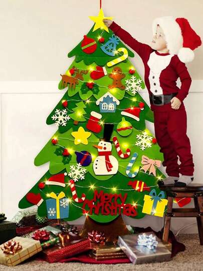 1 Set DIY Felt Christmas Tree With 5M LED String Lights Christmas Decoration For Home Christmas 2024 New Year Christmas Ornaments Santa Claus Xmas Gifts