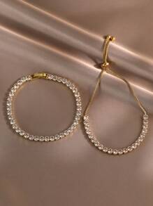 2 Pièces Bracelet Rond Zircone Réglable tennis Pour Femme Fille Port Quotidien