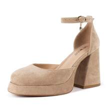 ISNOM Platform Chunky Heels For Women Ankle Strap Pumps - 杏色 - 查看 3