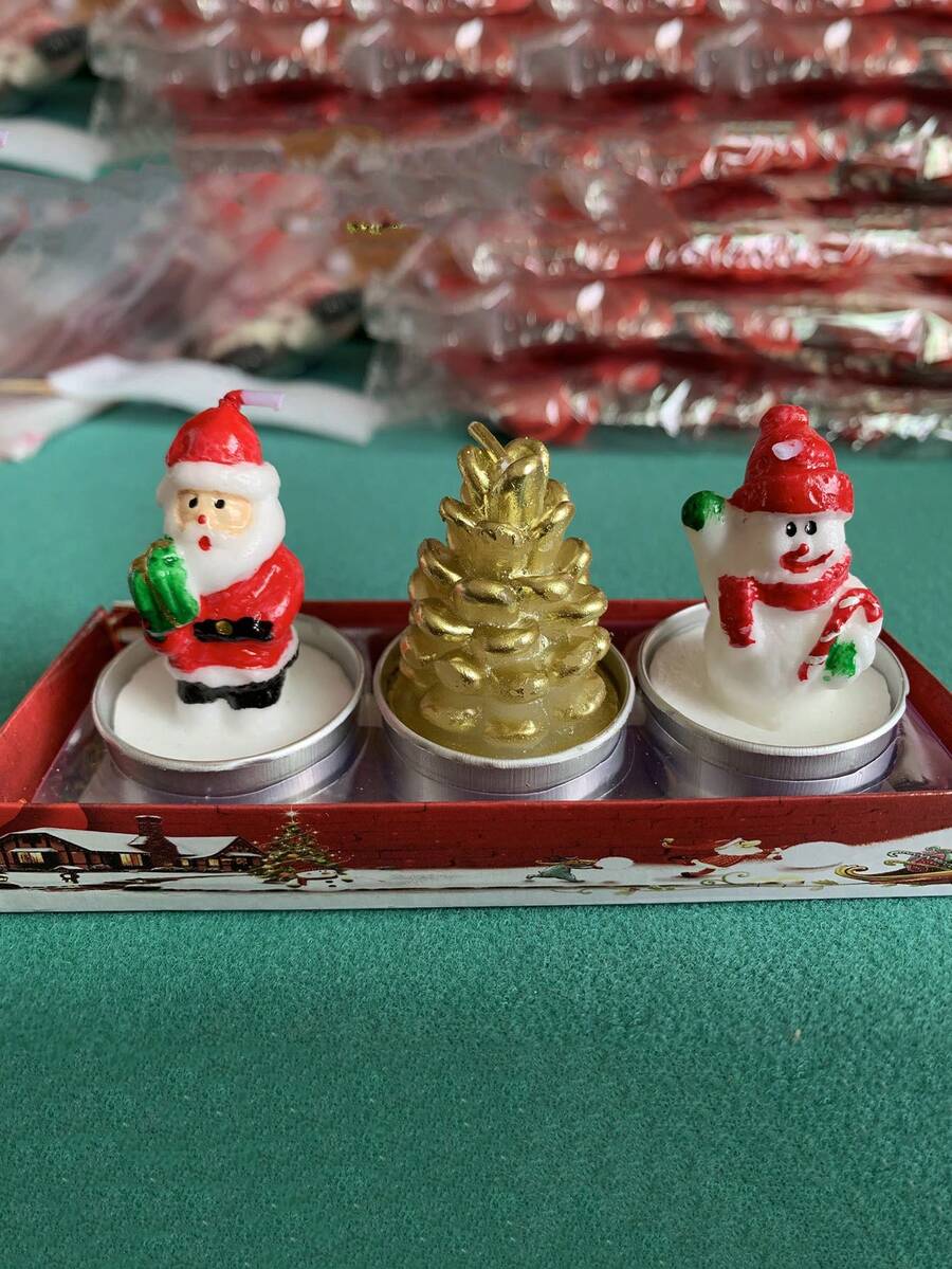 3 件聖誕主題工藝蠟燭套裝,帶聖誕老人、松果和雪人設計,非常適合裝飾、禮物、情人節、求婚和其他場合 - 彩色 - 查看 1