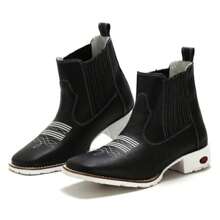 Botina Preta Sola Branca Masculina Bota Texana Cano Curto Couro Bovino Bico Quadrado - Preto - Visão 3