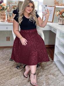 Saias Godê Midi com Bolso e Cinto Moda Evangélica Plus Size - Vinho - Visão 2