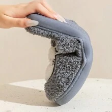 迷你（建议订购大一码）2025冬季毛绒男士保暖拖鞋，温暖室内防滑可爱卡通熊拖鞋女士，冬季 - 灰色 - 查看 6