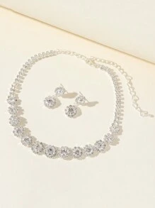 Sweet & Fashionable Flower Shape Jewelry Set, Luxury Bride Wedding Party Accessories Shiny Rhinestone Choker Necklace & One Pair Of Earrings & One Necklace Valentines,Mom,Mother,Mother's Day,Gift