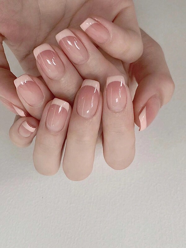 24Pcs Short Coffin Press On Nails, Instant Upgrade Your Nail Style With Transparent French Manicure Nail Tips, Full Set Includes 1Pc Jelly Gel And 1Pc Buffer Block, Suitable For Party, Wedding And Daily Wear Nail Supplies Nails