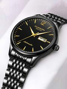 GUANQIN 觀琴男士不銹鋼機械手錶帶日曆指針夜光功能適合日常佩戴裝飾 - 黑色 - 查看 5