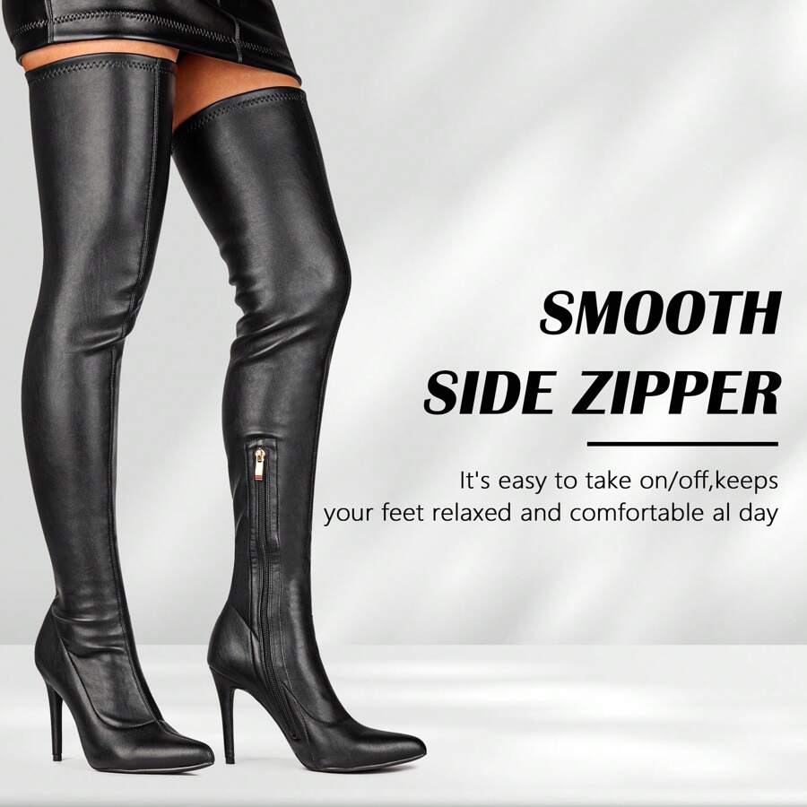 Women's Fashion Elasticity Soft PU Sexy  Pointed Toe  Zip High  Heels Over The Knee Boots  Wedding Party Winter Stiletto Knee High Boots - màu đen - Xem 1