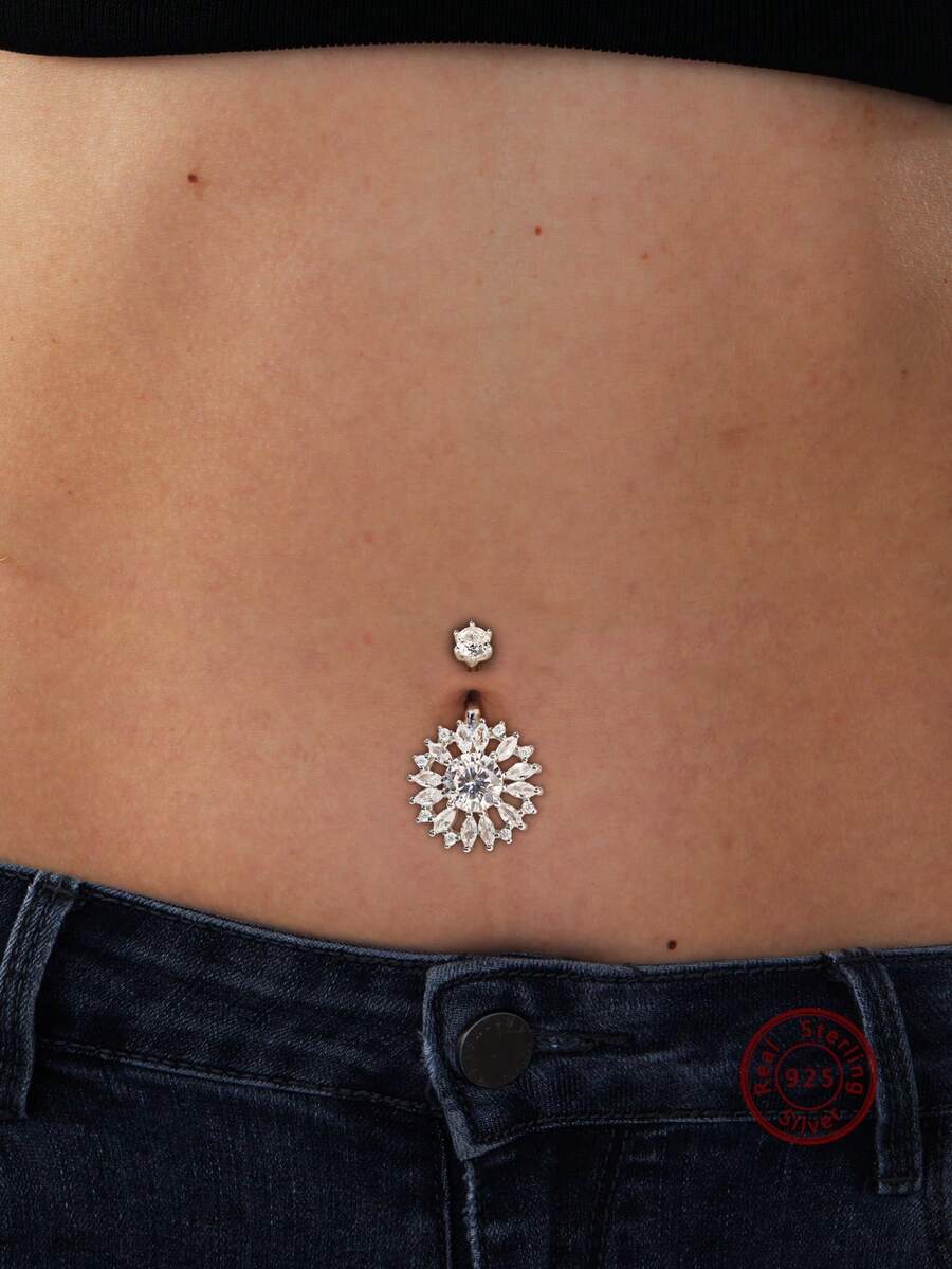 1 Pieza 925 Plata Con Brillo, Piercing De Ombligo Geométrico Con Diseño De Girasol Redondo Y Circonias Artificiales Para Hombres Y Mujeres, Uso Diario Y De Fiesta - 01075JZD - Ver 1
