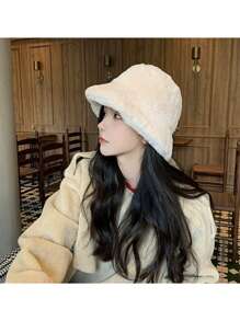 1pc Autumn & Winter Beige New Arrival Lamb Knit Bucket Hat, Warm & Fashionable, Suitable For Women & Girls Elegant - Beige - View 3
