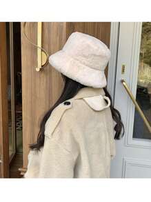 1pc Autumn & Winter Beige New Arrival Lamb Knit Bucket Hat, Warm & Fashionable, Suitable For Women & Girls Elegant - Beige - View 2