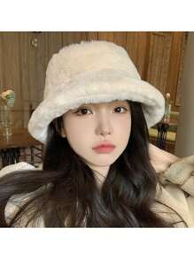 1pc Autumn & Winter Beige New Arrival Lamb Knit Bucket Hat, Warm & Fashionable, Suitable For Women & Girls Elegant - Beige - View 1