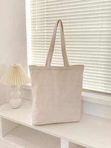 字母圖案印花大容量夏季購物袋，印花休閒手提袋，可重複使用的時尚背包，多功能手提袋，帆布購物袋，女士字母印刷手提袋，帆布肩袋，大容量購物袋，簡約時尚圖案帆布包，可攜式購物袋，輕便多功能肩袋 - 米色 - 查看 4