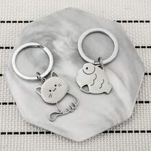1pair Unisex Stainless Steel Fish Bone And Cat Design Keychain For Couples, Friends - Silver - View 2
