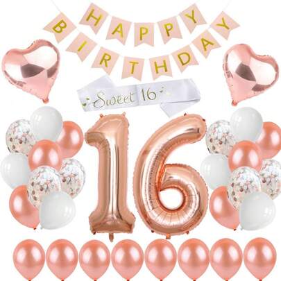 32 Pcs Sweet 16th Decorations Pink Happy Birthday Banner 30inch Rose Gold Number 16 Balloons Rose Gold Confetti Balloons White Sash 16th Birthday Party Supplies Photo Props,Christmas