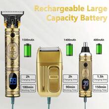 男士美容套裝男士專業理髮器和刮鬍刀、電動刮鬍刀和鼻毛修剪器套裝、帶 3入組箔頭的鬍鬚修剪器、男士創意禮品 - 金色 - 查看 6