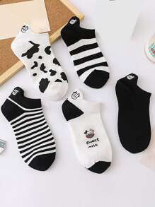 5pairs Women Cow Embroidered Cute Ankle Socks For Daily Life