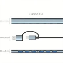 Mini Usb Hub Extender, 7 Port Usb 3.0 Hub Expander, 2.0 Hub, Usb Adapter Station, Ultra-thin Portable Data Hub For Laptops, I Pro, Book Air, , Notebook, Aluminum Usb Splitter - Grey - View 2