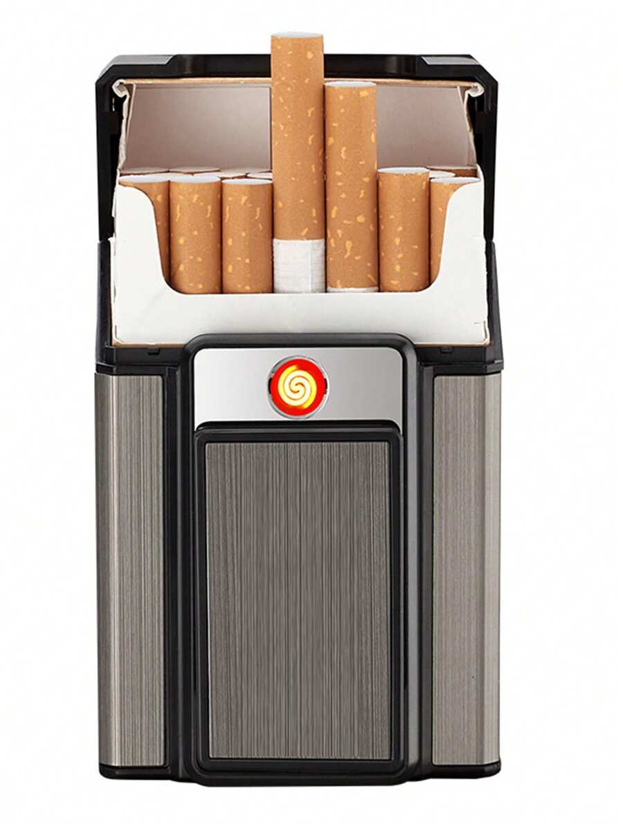 1pc Black Sandblasted Aluminum Alloy 20-stick Pack Usb Charging Cigarette Case With Built-in Lighter For Birthday Party And Gathering (for Both Men And Women) - Black - View 1