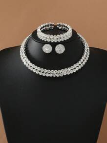 1set/4pcs Girls' Luxury Double-Row Anti-Allergic Rhinestone Silver Collar Bracelet Earrings Wedding Accessories Combo, Elegant And Beautiful Jewelry Set For Festivals, Parties & Events - Silver - View 3