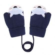1 Pair Cartoon Fox Jacquard Warm Gloves With Neck String, Thick Plush Knitted Gloves With Soft Lining, Winter Full Finger Mittens For 2-4y Boys And Girls - Navy Blue - View 3