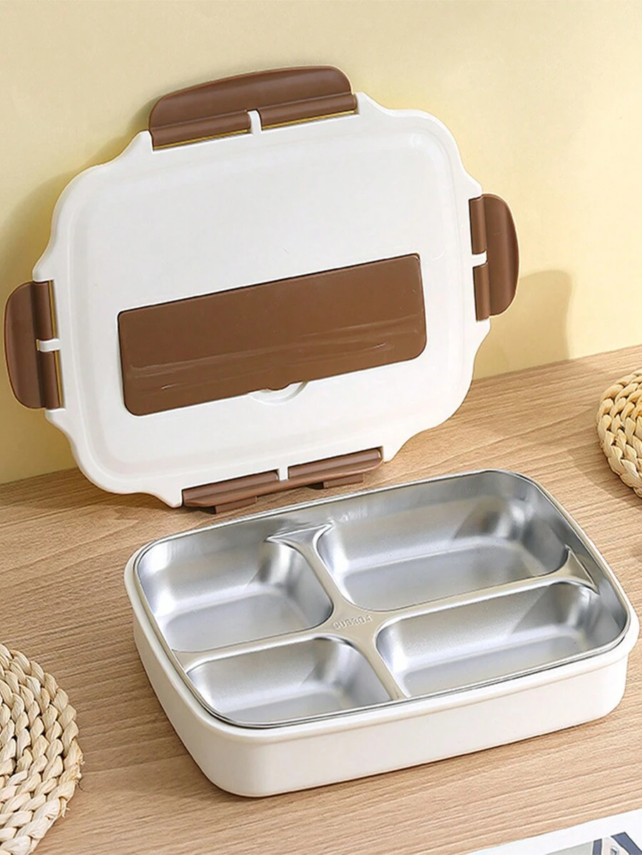 1個304不銹鋼4格飯盒,帶餐具飯盒,適合成人學生使用1l大容量 - 棕色 - 查看 1