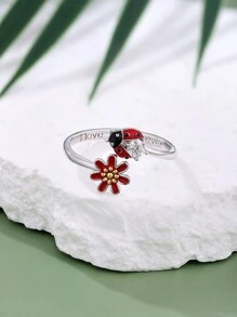 1 件時尚優雅高端手工琺瑯 & 925 純銀花朵甲蟲戒指適合女士日常佩戴