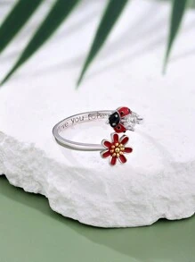 1 件時尚優雅高端手工琺瑯 & 925 純銀花朵甲蟲戒指適合女士日常佩戴