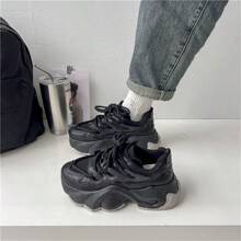 女款厚底運動鞋,新款時尚透氣網眼運動鞋,厚實底部,百搭加高設計 - 黑色 - 查看 1