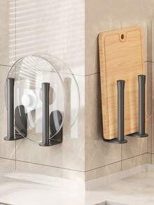 1pc Wall Mounted Kitchen Paper Towel Rack With Cling Film Storage - Black - View 6