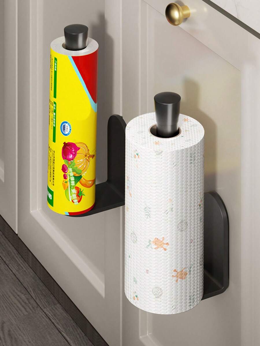 1pc Wall Mounted Kitchen Paper Towel Rack With Cling Film Storage - Black - View 1