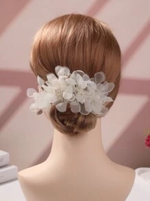 1个欧根纱新娘发夹浪漫头饰爪夹发卡，学校用品，发饰 - 香檳色 - 查看 1