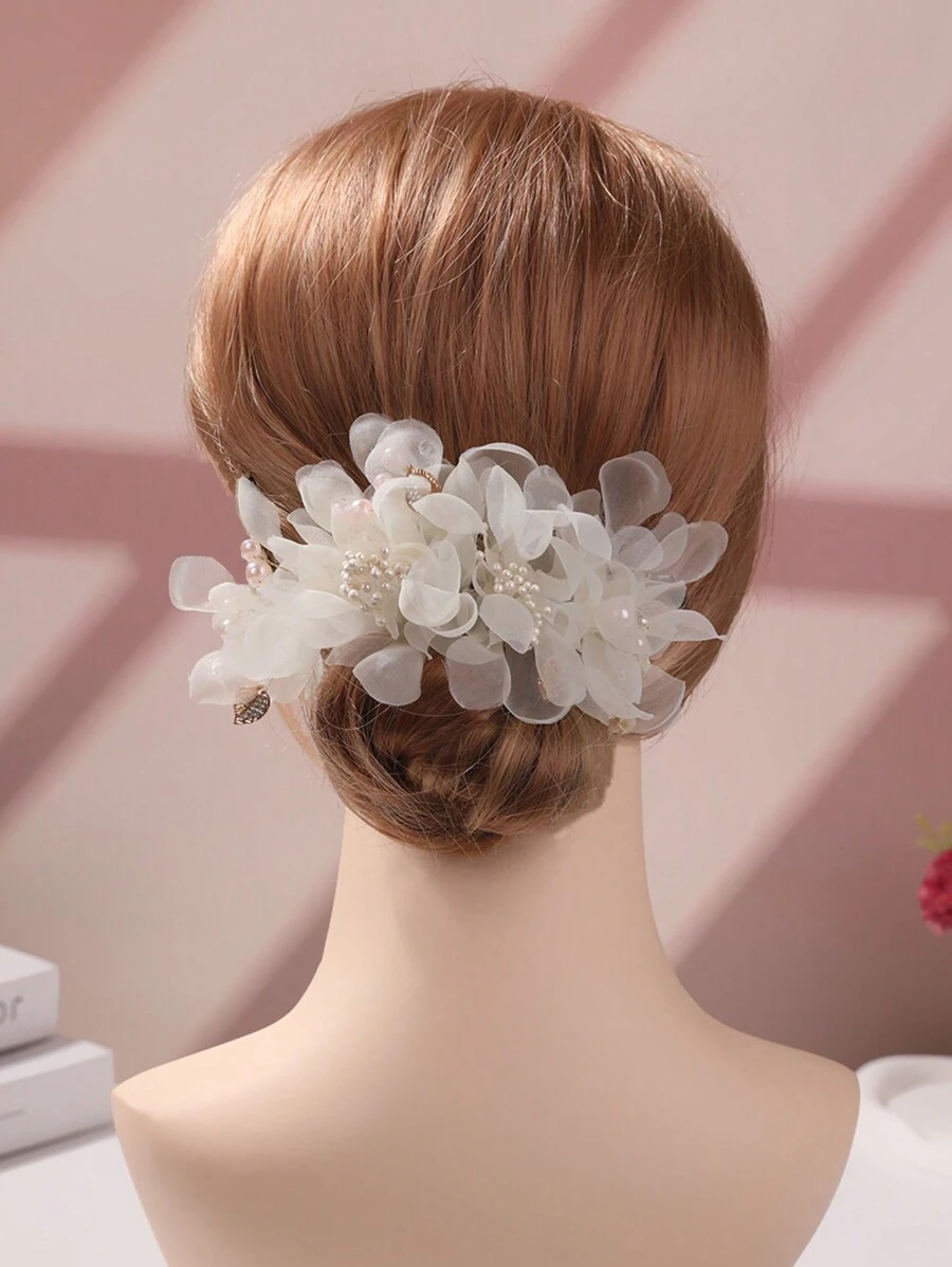 1个欧根纱新娘发夹浪漫头饰爪夹发卡，学校用品，发饰 - 香檳色 - 查看 1