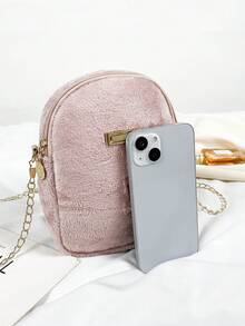 1pc Pink Plush Crossbody Bag With Metal Decoration And Chain, Suitable For Daily Use In Autumn And Winter For Ladies - Pink - View 5