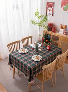 1 件鄉村風聚酯纖維和聖誕綠色格子桌布帶流蘇、桌布 - 彩色 - 查看 1