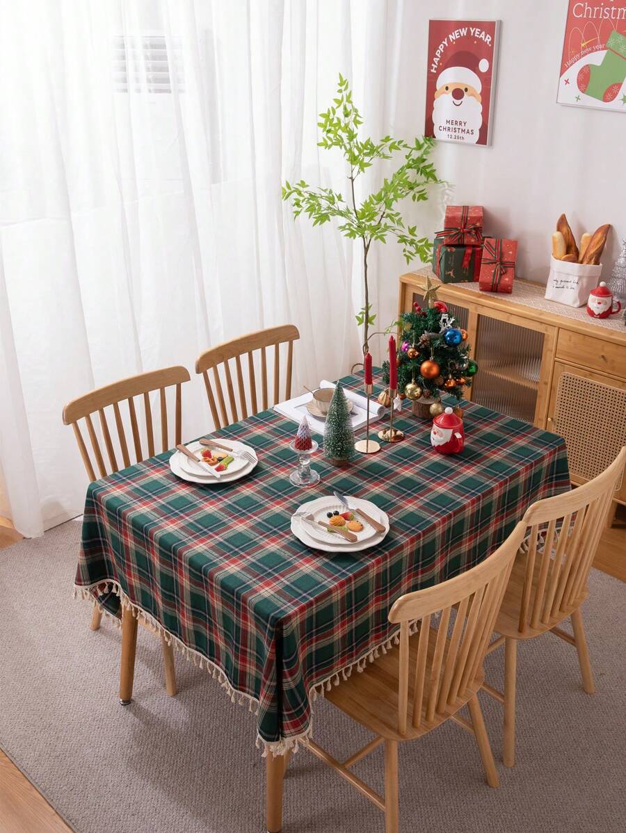 1 件鄉村風聚酯纖維和聖誕綠色格子桌布帶流蘇、桌布 - 彩色 - 查看 1