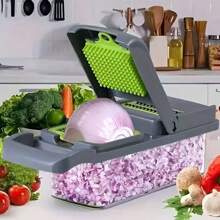 16/22入組蔬菜切碎機套件、多功能水果切片機、手動食物切碎機、蔬菜切片機、帶容器和護手切片機、洋蔥切碎機、馬鈴薯切片機、削皮器、廚房小工具 - 灰色 - 查看 3