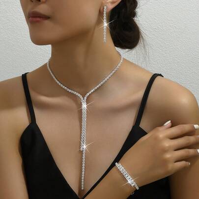 1 Set Sparkly Lavish Party Style Jewelry Set Featuring Diamante Necklace, Earrings And Bracelet For Low-cut V-neck Dress