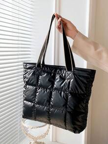 New Arrival Pu Leather Tote Bag With Embroidery Checker, Large Capacity - Black - View 5