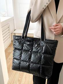 New Arrival Pu Leather Tote Bag With Embroidery Checker, Large Capacity - Black - View 1
