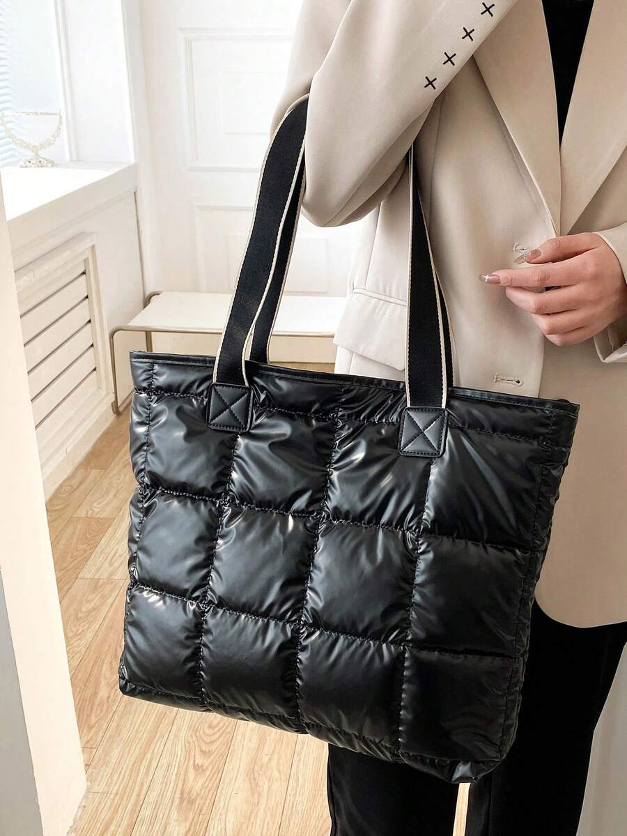 New Arrival Pu Leather Tote Bag With Embroidery Checker, Large Capacity - Black - View 1